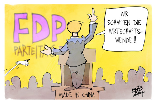 Cartoon: FDP (medium) by Kostas Koufogiorgos tagged karikatur,koufogiorgos,fdp,wirtschaftswende,lindner,rede,parteitag,karikatur,koufogiorgos,fdp,wirtschaftswende,lindner,rede,parteitag