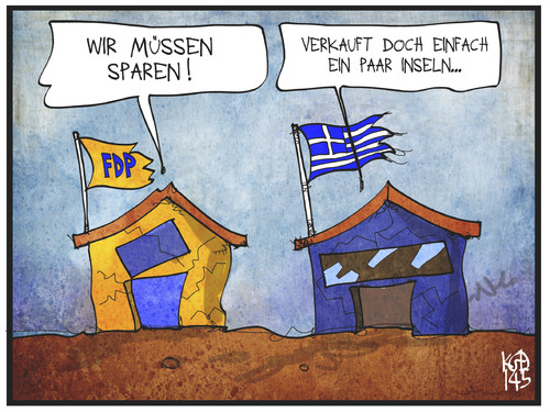 Cartoon: FDP auf Sparkurs (medium) by Kostas Koufogiorgos tagged karikatur,koufogiorgos,cartoon,illustration,fdp,griechenland,partei,bankrott,sparen,sparkurs,verkauf,insel,haus,politik,geld,geldnot,karikatur,koufogiorgos,cartoon,illustration,fdp,griechenland,partei,bankrott,sparen,sparkurs,verkauf,insel,haus,politik,geld,geldnot