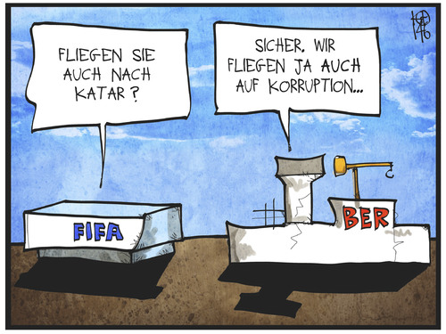 Cartoon: FIFA und BER auf Korruptionsflug (medium) by Kostas Koufogiorgos tagged karikatur,koufogiorgos,cartoon,illustration,katar,wm,2022,fussball,fifa,korruption,ber,berlin,flughafen,verband,sport,karikatur,koufogiorgos,cartoon,illustration,katar,wm,2022,fussball,fifa,korruption,ber,berlin,flughafen,verband,sport