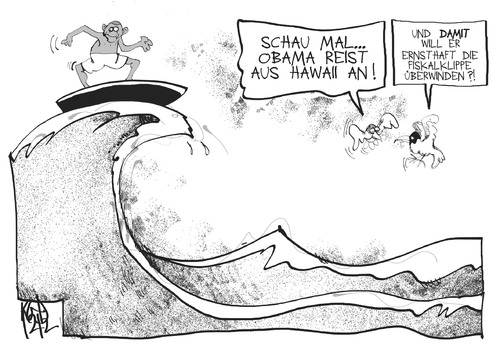 Cartoon: Fiskalklippe (medium) by Kostas Koufogiorgos tagged usa,republikaner,demokraten,fiskalklippe,hawaii,obama,surfen,haushalt,streit,fiscall,cliff,usa,republikaner,demokraten,fiskalklippe,hawaii,obama,surfen,haushalt,streit,fiscall,cliff