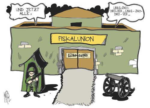 Cartoon: Fiskalunion (medium) by Kostas Koufogiorgos tagged europa,deutschland,rolle,europe,role,leading,germany,krise,euro,führungsrolle,leadership,crisis,zeit,führungsanspruch,fiskalunion,zone,kaserne,militaer,eu,europaeische,union,politik,marsch,wache,gipfel,karikatur,kostas,koufogiorgos,fiskalunion,euro,zone,kaserne,militär,europa,eu