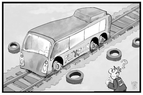 Cartoon: Flixtrain (medium) by Kostas Koufogiorgos tagged karikatur,koufogiorgos,illustration,cartoon,flixtrain,flixbus,schiene,räder,reifen,db,bahn,mobilität,verkehr,zug,konkurrenz,karikatur,koufogiorgos,illustration,cartoon,flixtrain,flixbus,schiene,räder,reifen,db,bahn,mobilität,verkehr,zug,konkurrenz