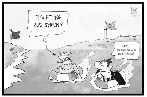 Cartoon: Flucht aus der Türkei (medium) by Kostas Koufogiorgos tagged karikatur,koufogiorgos,illustration,cartoon,tuerkei,flucht,flüchtling,syrien,journalist,meer,ägäis,pressefreiheit,zaman,karikatur,koufogiorgos,illustration,cartoon,tuerkei,flucht,flüchtling,syrien,journalist,meer,ägäis,pressefreiheit,zaman