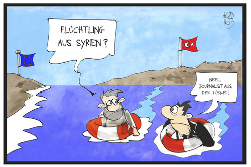 Cartoon: Flucht aus der Türkei (medium) by Kostas Koufogiorgos tagged karikatur,koufogiorgos,illustration,cartoon,tuerkei,flucht,flüchtling,syrien,journalist,meer,ägäis,pressefreiheit,zaman,karikatur,koufogiorgos,illustration,cartoon,tuerkei,flucht,flüchtling,syrien,journalist,meer,ägäis,pressefreiheit,zaman