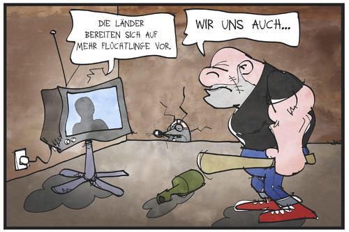 Cartoon: Flüchtlinge (medium) by Kostas Koufogiorgos tagged karikatur,koufogiorgos,cartoon,illustration,nachrichten,fernseher,medien,flüchtlinge,länder,bundesländer,neonazi,rechtsextremismus,gewalt,erwartung,terrorismus,rechtsradikal,skinhead,politik,karikatur,koufogiorgos,cartoon,illustration,nachrichten,fernseher,medien,flüchtlinge,länder,bundesländer,neonazi,rechtsextremismus,gewalt,erwartung,terrorismus,rechtsradikal,skinhead,politik