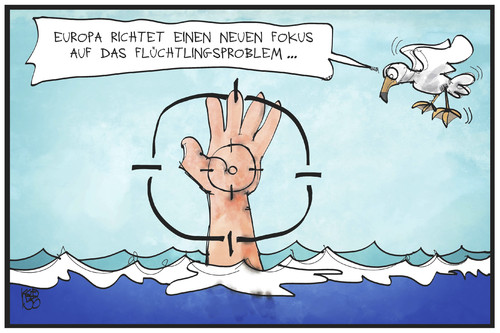 Cartoon: Flüchtlingspolitik (medium) by Kostas Koufogiorgos tagged karikatur,koufogiorgos,illustration,cartoon,fluechtlingspolitik,un,eu,fadenkreuz,ertrinken,fluechtling,mittelmeer,europa,fokus,politik,karikatur,koufogiorgos,illustration,cartoon,fluechtlingspolitik,un,eu,fadenkreuz,ertrinken,fluechtling,mittelmeer,europa,fokus,politik