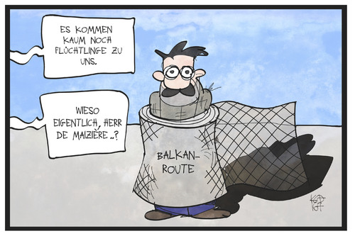 Cartoon: Flüchtlingszahlen (medium) by Kostas Koufogiorgos tagged karikatur,koufogiorgos,illustration,cartoon,maiziere,flüchtlingspolitik,flüchtling,asyl,balkanroute,grenze,grenzzaun,politik,karikatur,koufogiorgos,illustration,cartoon,maiziere,flüchtlingspolitik,flüchtling,asyl,balkanroute,grenze,grenzzaun,politik