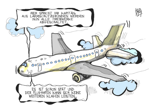 Cartoon: Fluglärm (medium) by Kostas Koufogiorgos tagged flughafen,lärm,anwohner,flugzeug,klage,verkehr,umwelt,karikatur,kostas,koufogiorgos,flughafen,lärm,flugzeug,klage,anwohner,umwelt,verkehr