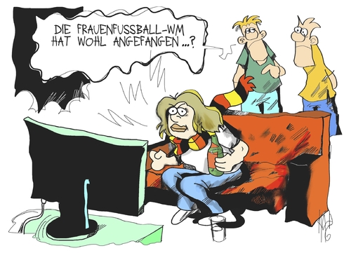 Cartoon: Frauenfussball-WM (medium) by Kostas Koufogiorgos tagged frauenfussball,wm,weltmeisterschaft,deutschland,sport,fernsehen,frauen,damen,fifa,frauenwm,frauenfußball