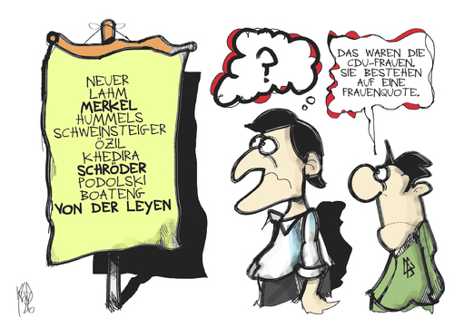 Cartoon: Frauenquote (medium) by Kostas Koufogiorgos tagged cdu,frauen,quote,merkel,von,der,leyen,schröder,löw,fussball,dfb,em,europa,meisterschaft,mannschaft,politik,sport,karikatur,kostas,koufogiorgos,merkel,leyen,schröder,löw,fussball,dfb,europa