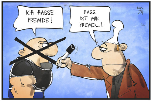 Cartoon: Fremdenhass (medium) by Kostas Koufogiorgos tagged karikatur,koufogiorgos,illustration,cartoon,frem,hass,fremdenhass,michel,deutschland,neonazi,skinhead,rechtsextremismus,rechtsradikal,politik,karikatur,koufogiorgos,illustration,cartoon,frem,hass,fremdenhass,michel,deutschland,neonazi,skinhead,rechtsextremismus,rechtsradikal,politik