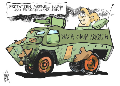 Cartoon: Friedenskanzlerin (medium) by Kostas Koufogiorgos tagged merkel,klimakanzlerin,friedenskanzlerin,panzer,saudi,arabien,rüstungsindustrie,export,waffen,wirtschaft,konflikt,krieg,karikatur,kostas,koufogiorgos,merkel,klimakanzlerin,friedenskanzlerin,panzer,saudi,arabien,rüstungsindustrie,export,waffen,wirtschaft,konflikt,krieg,karikatur,kostas,koufogiorgos