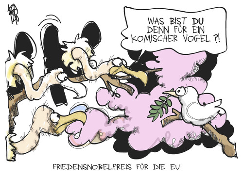 Cartoon: Komischer Vogel in der EU (medium) by Kostas Koufogiorgos tagged koufogiorgos,kostas,karikatur,friedenstaube,vogel,krise,schulden,euro,geier,pleite,friedensnobelpreis,frieden,union,europäische,europa,eu,eu,europa,europäische,union,frieden,friedensnobelpreis,pleite,geier,euro,schulden,krise,vogel,friedenstaube,karikatur,kostas,koufogiorgos