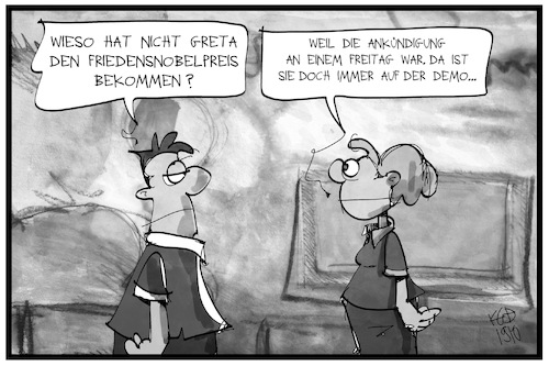 Cartoon: Friedensnobelpreis (medium) by Kostas Koufogiorgos tagged karikatur,koufogiorgos,cartoon,thunberg,greta,friedensnobelpreis,fridays,future,klima,umwelt,ikone,freitag,karikatur,koufogiorgos,cartoon,thunberg,greta,friedensnobelpreis,fridays,future,klima,umwelt,ikone,freitag