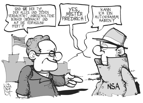 Cartoon: Friedrich in den USA (medium) by Kostas Koufogiorgos tagged usa,prism,friedrich,spionage,skandal,affäre,agent,innenminister,karikatur,koufogiorgos,usa,prism,friedrich,spionage,skandal,affäre,agent,innenminister,karikatur,koufogiorgos