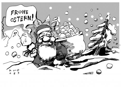 Cartoon: Frohe Ostern (medium) by Kostas Koufogiorgos tagged ostern,easter,wetter,weihnachten,kostas,koufogiorgos,,wetter,klimawandel,klimakatastrophe,ostern,weihnachten,santa,clause,nikolaus,weihnachtsmann,schnee,osterei,ostereier,natur,temperatur,aprilwetter,sturm,kälte,umwelt,ungewöhnlich,weiße,eis,frühling,osterhase,karfreitag