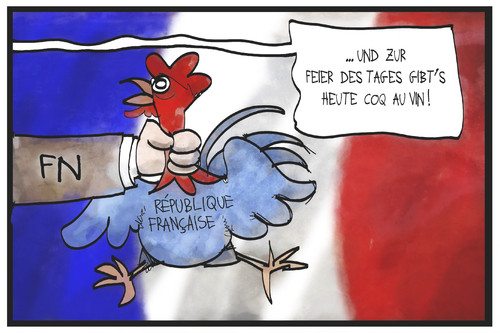 Cartoon: Front National (medium) by Kostas Koufogiorgos tagged karikatur,koufogiorgos,illustration,cartoon,hahn,coq,au,vin,nationalgericht,frankreich,front,national,regionalwahlen,feier,symbol,partei,rechtspopulismus,würgegriff,politik,karikatur,koufogiorgos,illustration,cartoon,hahn,coq,au,vin,nationalgericht,frankreich,front,national,regionalwahlen,feier,symbol,partei,rechtspopulismus,würgegriff,politik