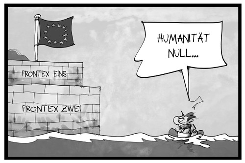 Cartoon: Frontex 2.0 (medium) by Kostas Koufogiorgos tagged karikatur,koufogiorgos,illustration,cartoon,frontex,europa,eu,grenze,flüchtling,abschreckung,grenzschutz,küste,meer,mittelmeer,karikatur,koufogiorgos,illustration,cartoon,frontex,europa,eu,grenze,flüchtling,abschreckung,grenzschutz,küste,meer,mittelmeer