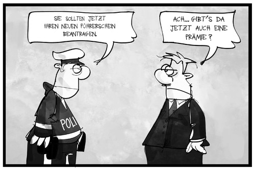 Cartoon: Führerschein-Umtausch (medium) by Kostas Koufogiorgos tagged karikatur,koufogiorgos,illustration,cartoon,fuehrerschein,polizei,umtausch,dokument,prämie,autofahrer,bürokratie,karikatur,koufogiorgos,illustration,cartoon,fuehrerschein,polizei,umtausch,dokument,prämie,autofahrer,bürokratie