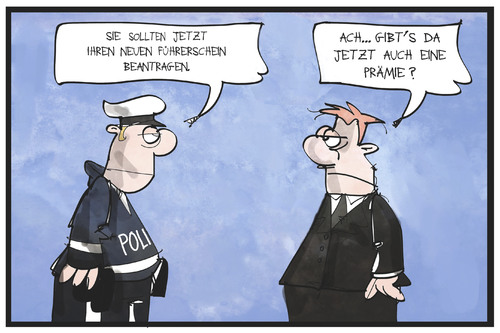 Cartoon: Führerschein-Umtausch (medium) by Kostas Koufogiorgos tagged karikatur,koufogiorgos,illustration,cartoon,fuehrerschein,polizei,umtausch,dokument,prämie,autofahrer,bürokratie,karikatur,koufogiorgos,illustration,cartoon,fuehrerschein,polizei,umtausch,dokument,prämie,autofahrer,bürokratie