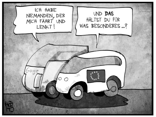 Cartoon: Führungslose Autos (medium) by Kostas Koufogiorgos tagged karikatur,koufogiorgos,illustration,cartoon,auto,fahrzeug,selbstfahrend,google,eu,europa,union,fahrer,lenkung,automobil,verkehr,politik,karikatur,koufogiorgos,illustration,cartoon,auto,fahrzeug,selbstfahrend,google,eu,europa,union,fahrer,lenkung,automobil,verkehr,politik