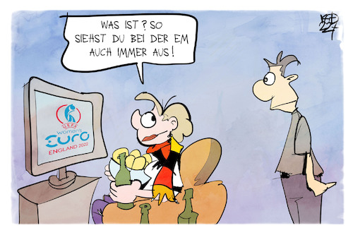 Cartoon: Fußball-EM der Damen (medium) by Kostas Koufogiorgos tagged karikatur,koufogiorgos,fußball,em,bier,mann,frau,klischee,karikatur,koufogiorgos,fußball,em,bier,mann,frau,klischee