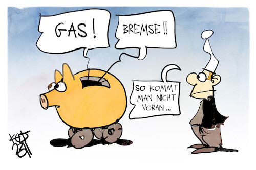 Cartoon: Gas und Bremse (medium) by Kostas Koufogiorgos tagged karikatur,koufogiorgos,schuldenbremse,sparschwein,gas,bremse,michel,geld,koufogiorgos,kostas,gas,bremse,sparschwein