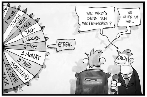 Cartoon: GDL-Streik (medium) by Kostas Koufogiorgos tagged karikatur,koufogiorgos,illustration,cartoon,gdl,bahn,streik,arbeitskampf,glücksrad,zukunft,reporter,presse,interview,lokführer,zeit,dauer,karikatur,koufogiorgos,illustration,cartoon,gdl,bahn,streik,arbeitskampf,glücksrad,zukunft,reporter,presse,interview,lokführer,zeit,dauer