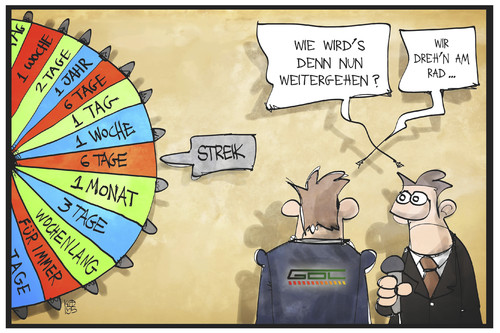 Cartoon: GDL-Streik (medium) by Kostas Koufogiorgos tagged karikatur,koufogiorgos,illustration,cartoon,gdl,bahn,streik,arbeitskampf,glücksrad,zukunft,reporter,presse,interview,lokführer,zeit,dauer,karikatur,koufogiorgos,illustration,cartoon,gdl,bahn,streik,arbeitskampf,glücksrad,zukunft,reporter,presse,interview,lokführer,zeit,dauer