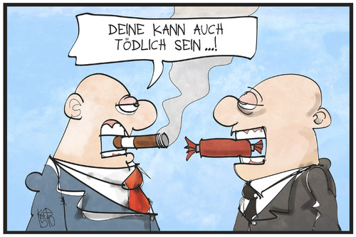 Cartoon: Gefährliche Wurst (medium) by Kostas Koufogiorgos tagged karikatur,koufogiorgos,illustration,cartoon,who,wurst,fleisch,tabak,tödlich,krebserregend,rauchen,zigarre,weltgesundheitsorganisation,krankheit,gesundheit,karikatur,koufogiorgos,illustration,cartoon,who,wurst,fleisch,tabak,tödlich,krebserregend,rauchen,zigarre,weltgesundheitsorganisation,krankheit,gesundheit