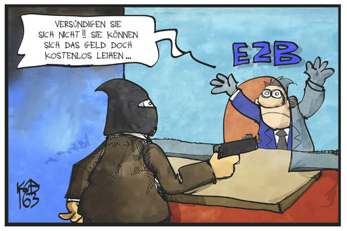 Cartoon: Geld von der EZB (medium) by Kostas Koufogiorgos tagged karikatur,koufogiorgos,illustration,cartoon,bank,ezb,ueberfall,raeuber,leutzins,leihen,kredit,zentralbank,geld,wirtschaft,bankschalter,taeter,opfer,kriminalitaet,karikatur,koufogiorgos,illustration,cartoon,bank,ezb,ueberfall,raeuber,leutzins,leihen,kredit,zentralbank,geld,wirtschaft,bankschalter,taeter,opfer,kriminalitaet