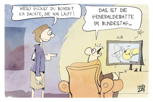 Cartoon: Generaldebatte (medium) by Kostas Koufogiorgos tagged karikatur,koufogiorgos,generaldebatte,bundestag,boxen,wm,fußball,fernsehen,karikatur,koufogiorgos,generaldebatte,bundestag,boxen,wm,fußball,fernsehen