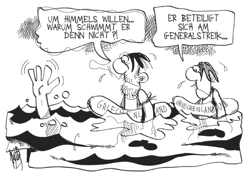 Cartoon: Generalstreik in Griechenland (medium) by Kostas Koufogiorgos tagged griechenland,streik,schwimmer,meer,generalstreik,europa,euro,schulden,krise,sparpaket,karikatur,kostas,koufogiorgos,griechenland,streik,schwimmer,meer,generalstreik,europa,euro,schulden,krise,sparpaket,karikatur,kostas,koufogiorgos