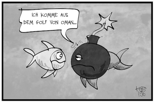 Cartoon: Golf von Oman (medium) by Kostas Koufogiorgos tagged karikatur,koufogiorgos,illustration,cartoon,golf,oman,tanker,fisch,arabien,konflikt,eskalation,bombe,karikatur,koufogiorgos,illustration,cartoon,golf,oman,tanker,fisch,arabien,konflikt,eskalation,bombe