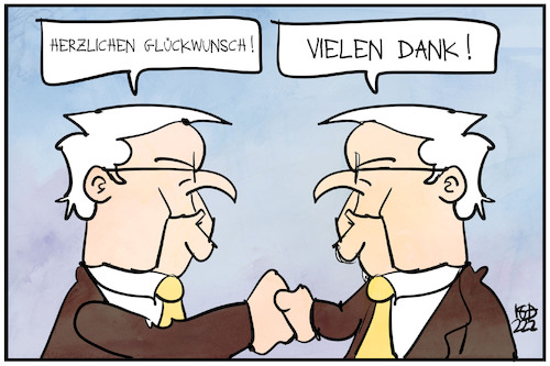 Cartoon: Gratulation an Steinmeier (medium) by Kostas Koufogiorgos tagged karikatur,koufogiorgos,illustration,cartoon,steinmeier,amtszeit,bundespräsident,wahl,demokratie,karikatur,koufogiorgos,illustration,cartoon,steinmeier,amtszeit,bundespräsident,wahl,demokratie