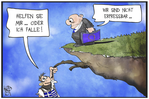 Cartoon: GREXIT (medium) by Kostas Koufogiorgos tagged karikatur,koufogiorgos,illustration,cartoon,grexit,griechenland,europa,eurokrat,hilfe,notlage,erpressung,abgrund,sturz,wirtschaft,politik,karikatur,koufogiorgos,illustration,cartoon,grexit,griechenland,europa,eurokrat,hilfe,notlage,erpressung,abgrund,sturz,wirtschaft,politik