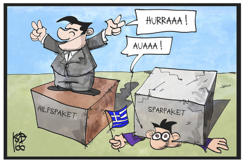 Cartoon: Griechenland-Hilfe (medium) by Kostas Koufogiorgos tagged karikatur,koufogiorgos,illustration,cartoon,griechenland,hilfe,tsipras,sparpaket,hilfspaket,hurra,aua,europa,kredit,bürger,politik,pleite,staatspleite,karikatur,koufogiorgos,illustration,cartoon,griechenland,hilfe,tsipras,sparpaket,hilfspaket,hurra,aua,europa,kredit,bürger,politik,pleite,staatspleite