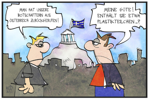 Cartoon: Griechenland-Österreich (medium) by Kostas Koufogiorgos tagged karikatur,koufogiorgos,illustration,cartoon,griechenland,oesterreich,flüchtlingspolitik,streit,rueckruf,plastik,diplomatie,konflikt,athen,akropolis,karikatur,koufogiorgos,illustration,cartoon,griechenland,oesterreich,flüchtlingspolitik,streit,rueckruf,plastik,diplomatie,konflikt,athen,akropolis