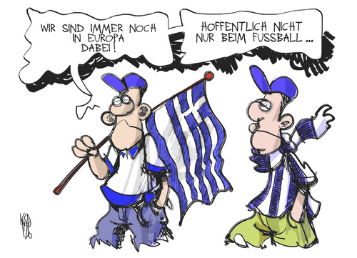 Cartoon: Griechenland und Europa (medium) by Kostas Koufogiorgos tagged griechenland,fussball,wahl,neuwahl,parlament,em,europa,euro,meisterschaft,schulden,krise,währung,politik,sport,karikatur,kostas,koufogiorgos,griechenland,fussball,wahl,em