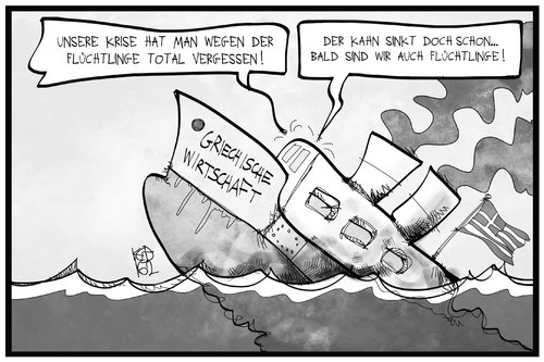 Cartoon: Griechenlandkrise (medium) by Kostas Koufogiorgos tagged karikatur,koufogiorgos,illustration,cartoon,griechenland,wirtschaft,schiff,krise,sinken,flüchtlinge,ertrinken,kahn,karikatur,koufogiorgos,illustration,cartoon,griechenland,wirtschaft,schiff,krise,sinken,flüchtlinge,ertrinken,kahn