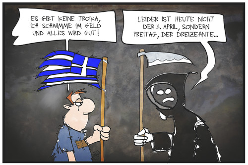 Cartoon: Griechenlands Freitag der 13. (medium) by Kostas Koufogiorgos tagged karikatur,koufogiorgos,illustration,cartoon,freitag,13,unglück,tod,sensenmann,griechenland,problem,sorgen,april,scherz,politik,troika,geld,karikatur,koufogiorgos,illustration,cartoon,freitag,13,unglück,tod,sensenmann,griechenland,problem,sorgen,april,scherz,politik,troika,geld