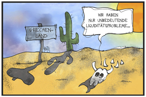 Cartoon: Griechenlands Liquidität (medium) by Kostas Koufogiorgos tagged karikatur,koufogiorgos,illustration,cartoon,griechenland,wüste,dürre,trockenheit,liquidität,kaktus,gerippe,sand,wirtschaft,bonität,karikatur,koufogiorgos,illustration,cartoon,griechenland,wüste,dürre,trockenheit,liquidität,kaktus,gerippe,sand,wirtschaft,bonität