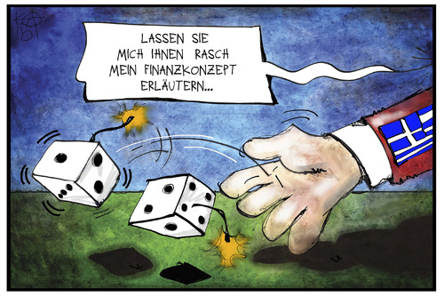 Cartoon: Griechisches Finanzkonzept (medium) by Kostas Koufogiorgos tagged karikatur,koufogiorgos,illustration,cartoon,dijsselbloem,finanzminister,griechenland,varoufakis,würfel,bombe,spiel,konzept,finanzen,politik,europa,karikatur,koufogiorgos,illustration,cartoon,dijsselbloem,finanzminister,griechenland,varoufakis,würfel,bombe,spiel,konzept,finanzen,politik,europa