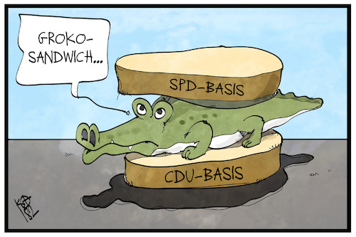 Cartoon: Groko-Sandwich (medium) by Kostas Koufogiorgos tagged karikatur,koufogiorgos,illustration,cartoon,spd,cdu,basis,groko,druck,regierungsbildung,koalition,karikatur,koufogiorgos,illustration,cartoon,spd,cdu,basis,groko,druck,regierungsbildung,koalition