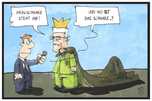 Cartoon: Grün-Schwarz (medium) by Kostas Koufogiorgos tagged karikatur,koufogiorgos,illustration,cartoon,gruen,schwarz,cdu,die,gruenen,baden,wuerttemberg,kretschmann,koenig,mantel,koalition,regierung,farbe,karikatur,koufogiorgos,illustration,cartoon,gruen,schwarz,cdu,die,gruenen,baden,wuerttemberg,kretschmann,koenig,mantel,koalition,regierung,farbe