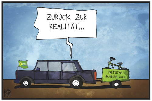 Cartoon: Grünen-Parteitag (medium) by Kostas Koufogiorgos tagged karikatur,koufogiorgos,illustration,cartoon,grüne,limousine,fahrrad,ideal,ökologie,verkehr,partei,politik,karikatur,koufogiorgos,illustration,cartoon,grüne,limousine,fahrrad,ideal,ökologie,verkehr,partei,politik