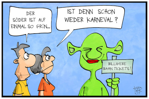 Cartoon: Grüner Söder (medium) by Kostas Koufogiorgos tagged karikatur,koufogiorgos,illustration,cartoon,soeder,csu,gruene,partei,politik,shrek,karneval,verkleidung,bahn,ticket,karikatur,koufogiorgos,illustration,cartoon,soeder,csu,gruene,partei,politik,shrek,karneval,verkleidung,bahn,ticket