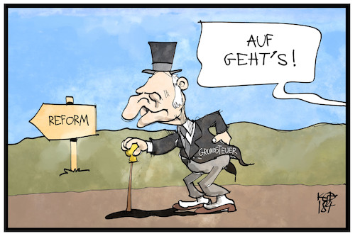 Cartoon: Grundsteuer (medium) by Kostas Koufogiorgos tagged karikatur,koufogiorgos,cartoon,illustration,grundsteuer,bverfg,reform,verfassung,gericht,urteil,alt,veraltet,mann,neustart,immobilien,berechnung,wert,karikatur,koufogiorgos,cartoon,illustration,grundsteuer,bverfg,reform,verfassung,gericht,urteil,alt,veraltet,mann,neustart,immobilien,berechnung,wert