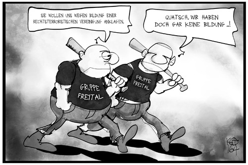 Cartoon: Gruppe Freital (medium) by Kostas Koufogiorgos tagged karikatur,koufogiorgos,illustration,cartoon,freital,neonazi,terrorismus,bildung,rechtsterrorismus,anklage,politik,rechtsextremismus,karikatur,koufogiorgos,illustration,cartoon,freital,neonazi,terrorismus,bildung,rechtsterrorismus,anklage,politik,rechtsextremismus