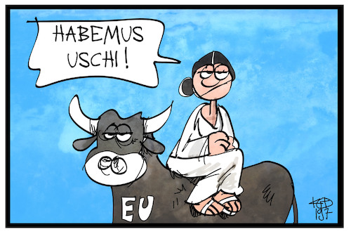 Cartoon: Habemus Uschi (medium) by Kostas Koufogiorgos tagged karikatur,koufogiorgos,illustration,cartoon,eu,europa,stier,kommission,habemus,wahl,institution,karikatur,koufogiorgos,illustration,cartoon,eu,europa,stier,kommission,habemus,wahl,institution